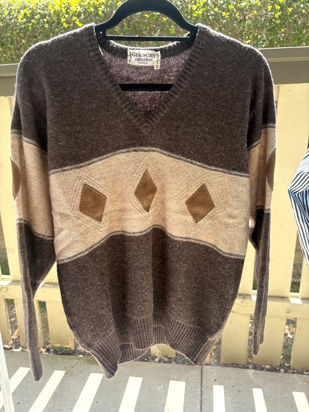 Givenchy Brown & Cream V-Neck Sweater with Suede Diamonds
